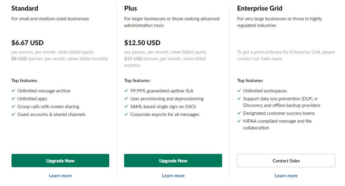 slack plan pricing